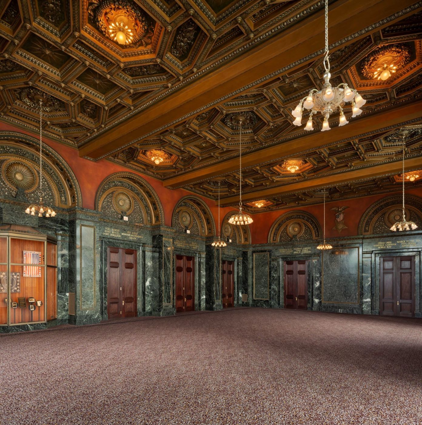 Grand Army of the Republic Hall with its green marble and coffered ceiling